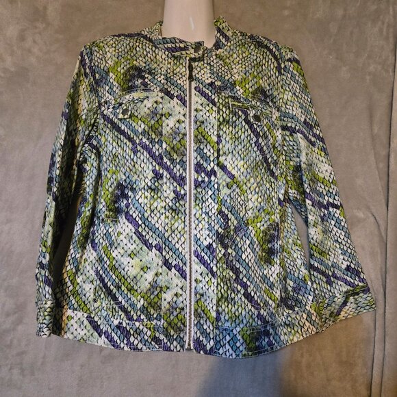 Chicos Sz 2 Snakeskin Print‎ Swifty Style Green/Purple Zip-Up Jacket Multicolor - Picture 6 of 8